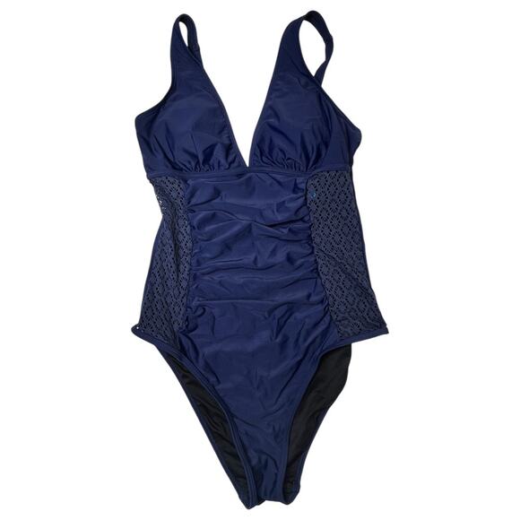 Cupshe Ruched Tummy Control Lace One Piece Swimsuit Navy Size M - Picture 3 of 7